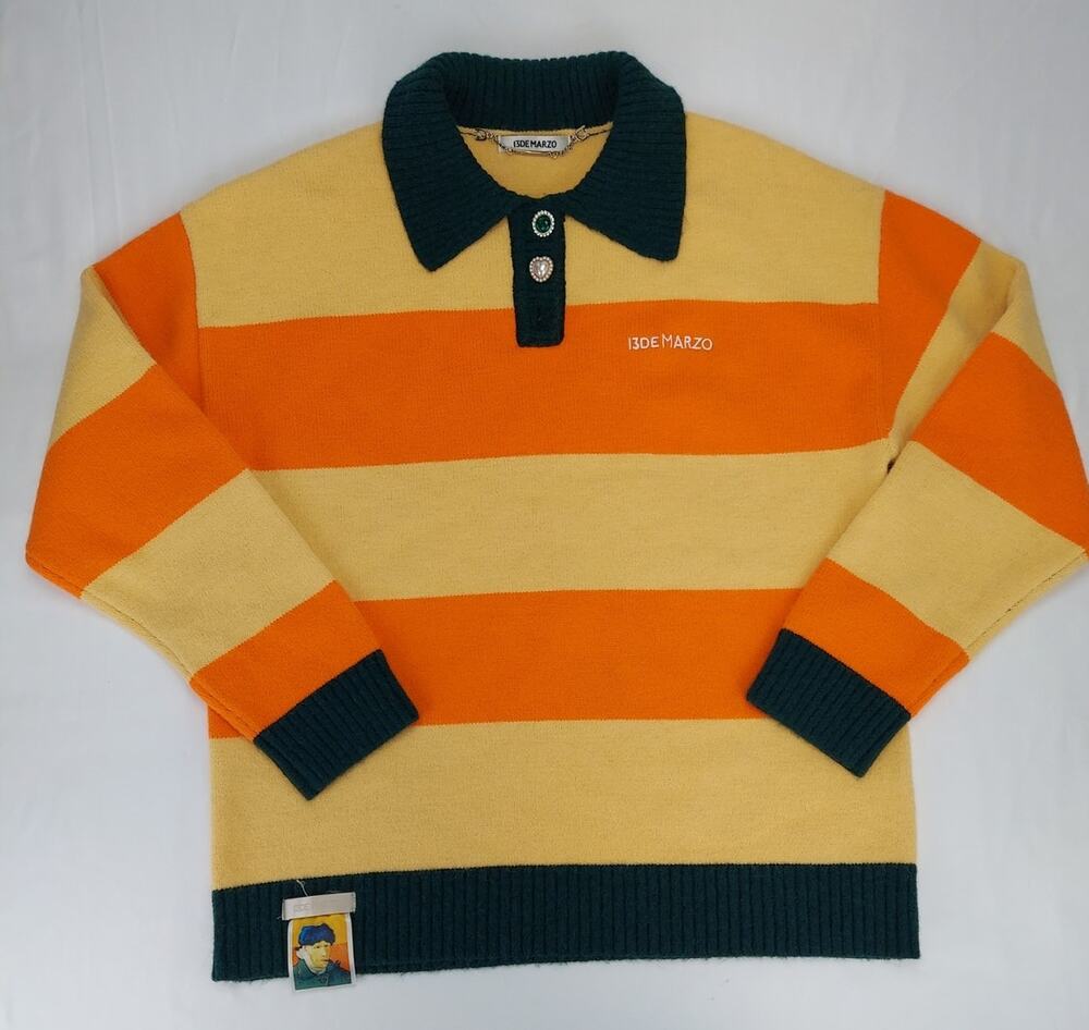13De Marzo Academia Polo Striped Teddy Bear Sweater Embroidered Oversized M